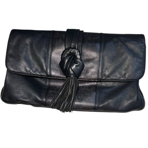 Oversized Black Leather and Croc Embossed Clutch Envelope Bag - Picture 1 of 8